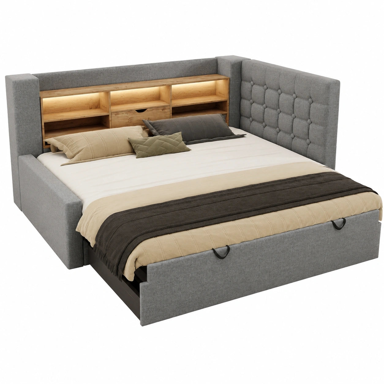 Multifunktionales Schlafsofa 90x200 mit Ausziehbett, L-förmig mit Stauraum, ohne Matratze, Leinen Grau