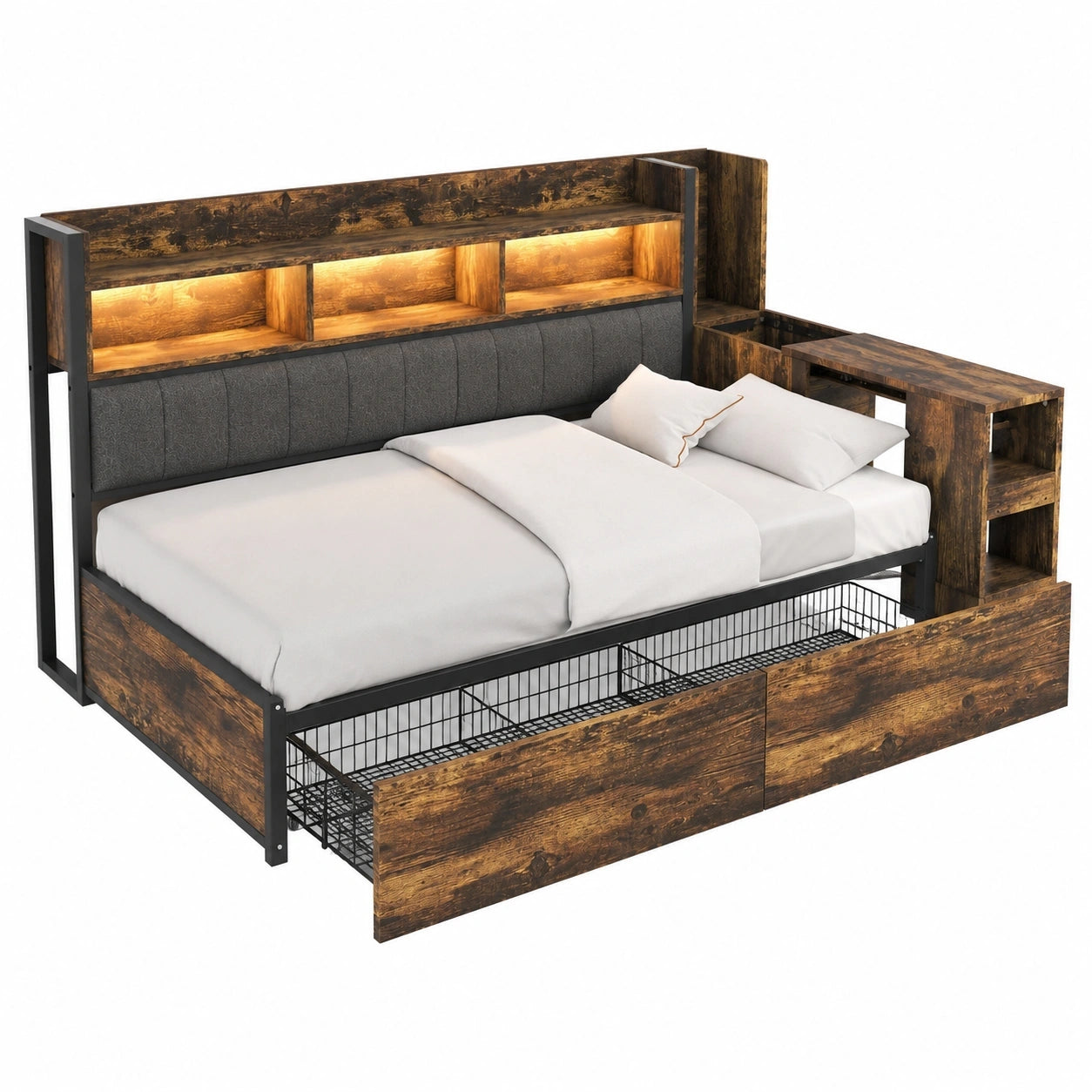 Multifunktionales Metall-Tagesbett 90x200 cm mit Stauraum und ausziehbarem Schreibtisch