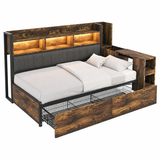 Multifunktionales Metall-Tagesbett 90x200 cm mit Stauraum und ausziehbarem Schreibtisch