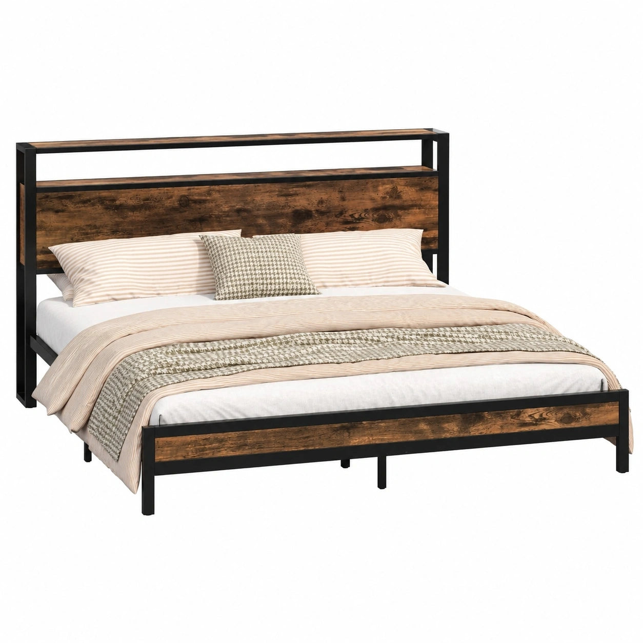King Size Bettgestell mit integrierter Ladestation und LED-Beleuchtung, Massivholz-Kopfteil mit Ablagen, stabile Metallverstrebungen, kein Boxspring nötig, geräuschlos, leicht aufzubauen