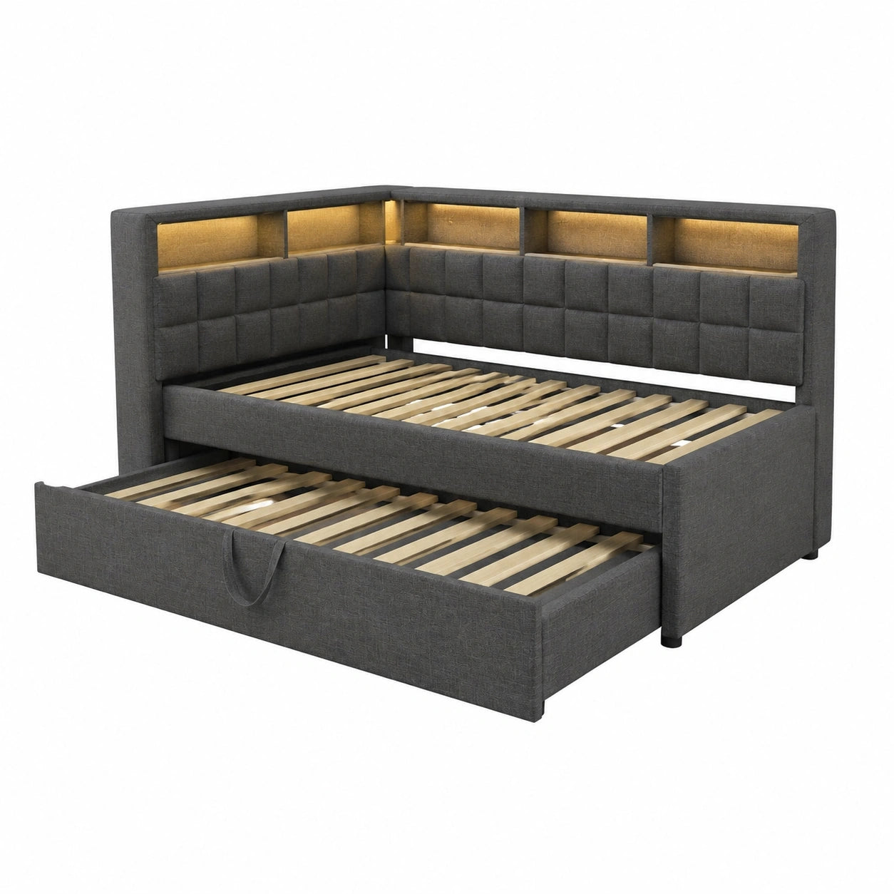 Leinenpolsterbett 90x200 mit LED, Bluetooth und Stauraum, inkl. Ausziehbett