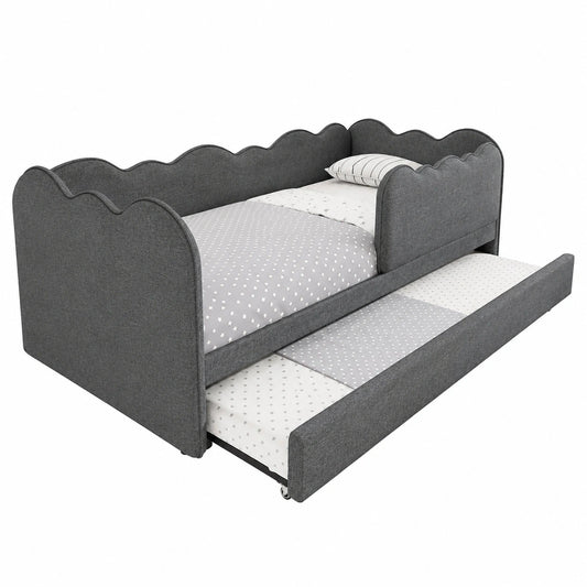 L-förmiges Polsterbett 90x190 cm mit ausziehbarem Gästebett, Kinder- und Schlafsofa, austauschbare Seitenteile, Leinen Grau