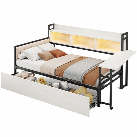 Kebnor Tagesbett 90x200cm aus Eisen mit LED, Stauraum und Schubladen, integriertem Schreibtisch und Steckdose, gepolsterte Rückenlehne, Weiß