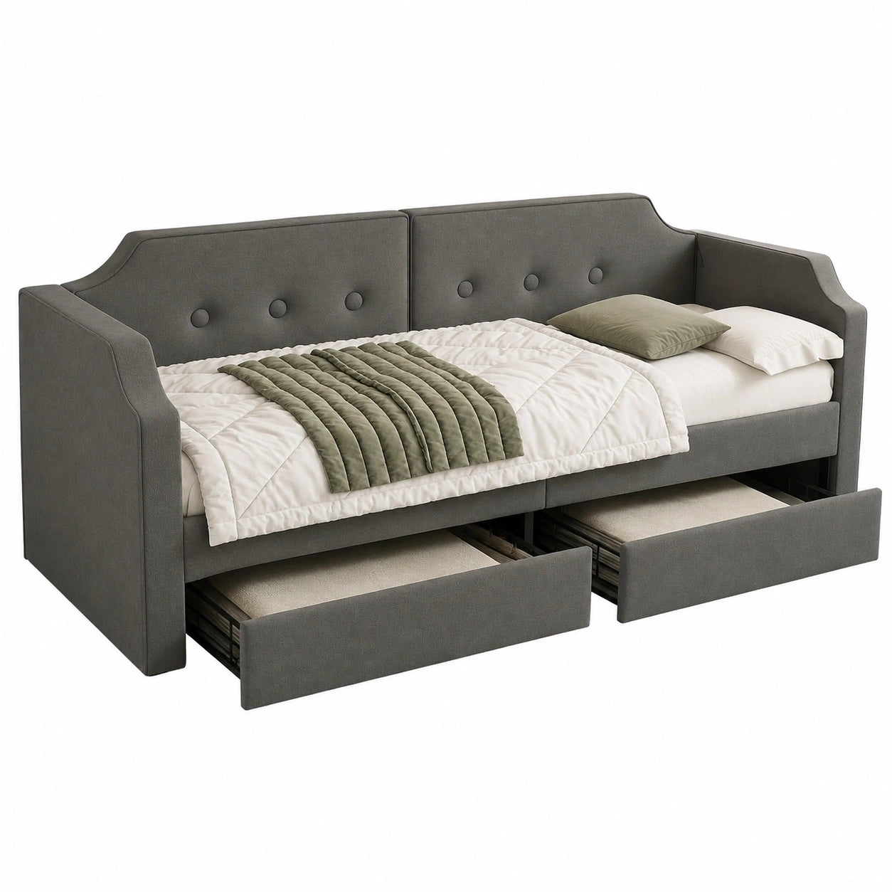 Kebnor Multifunktionales Polsterbett 90x200 cm mit USB-Leselicht und Stauraumschubladen, Sofa- und Tagesbett für Kinder und Jugendliche, Holzbettgestell in Samt Grau (ohne Matratze)