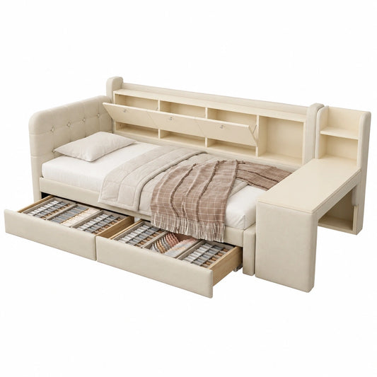 Multifunktionales Schlafsofa 90x200 cm mit Stauraum, Schreibtisch und Lattenrost, beige Leinen