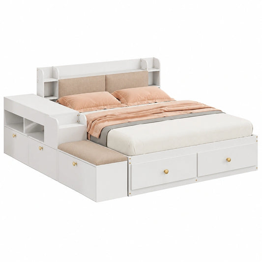 Massivholzbett mit integriertem Kopfteil-Staufach und Schubladen, inklusive Nachttisch und langer Stauschrank, mit Sofabank, Stauraumbett in Weiß, 140x200 cm