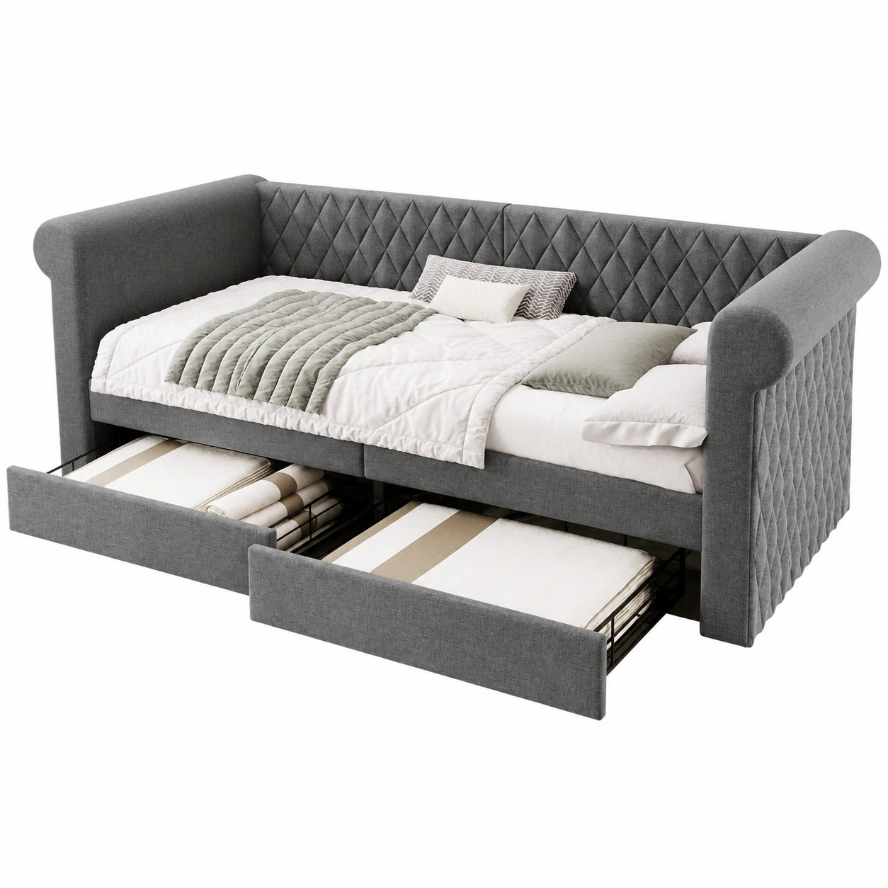 Kinder-Polsterbett 90x200 cm mit Stauraum, Graues Schlafsofa aus Holz mit Lattenrost