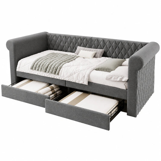 Kinder-Polsterbett 90x200 cm mit Stauraum, Graues Schlafsofa aus Holz mit Lattenrost